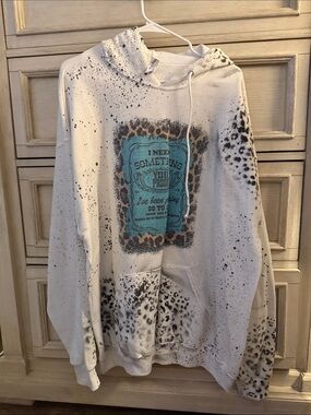 White hoodie Pullover Sweatshirt with Teal Graphic and Leopard Accents